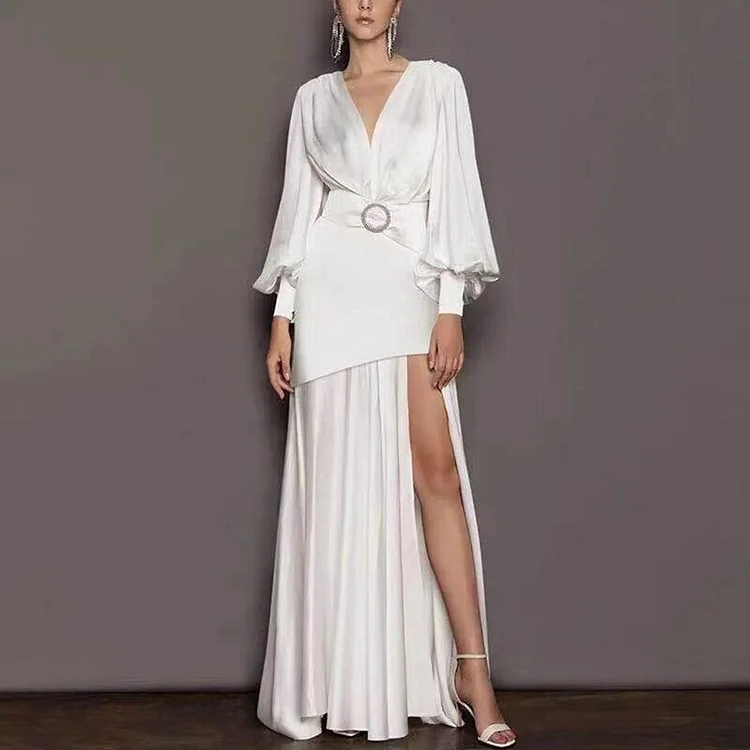 Amalrob New Arrivals White Fashion Runway Long Dress Women&#39;s Lantern Long Sleeve Belt Female Elegant Celebrity Evening Party Dress
