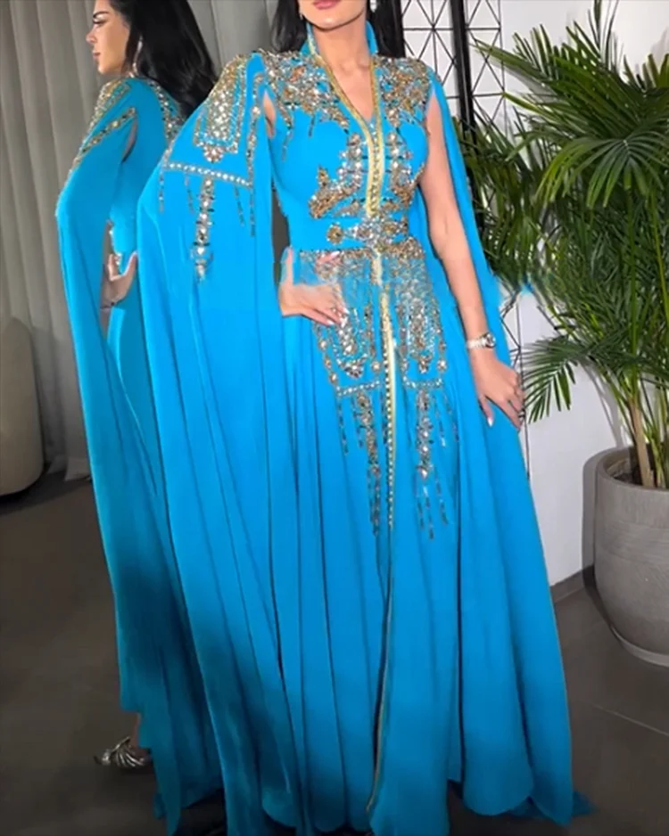 Women's V Neck Embroidered Kaftan Dress