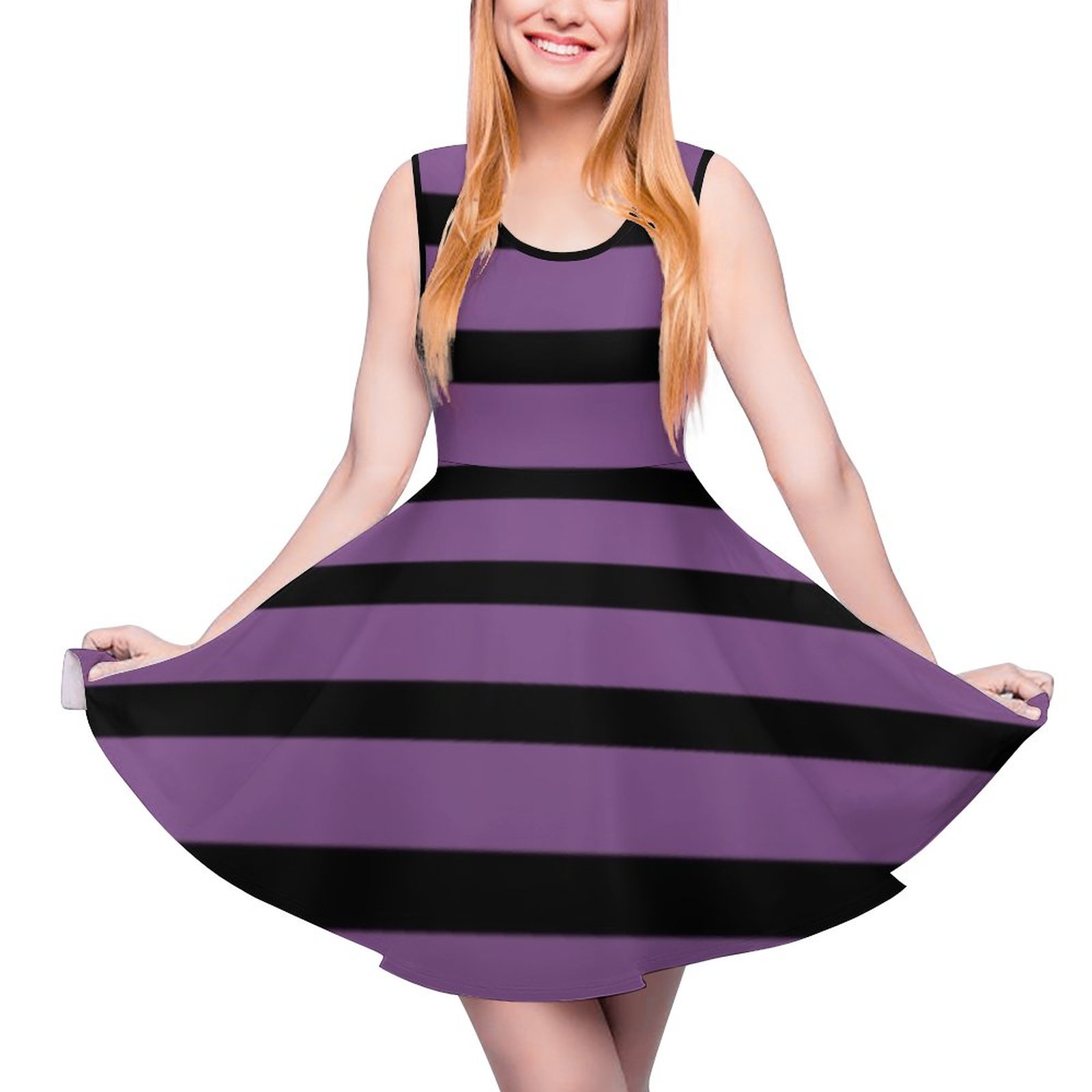 Lady Black Horizontal Stripe Casual Flared Tank Dress