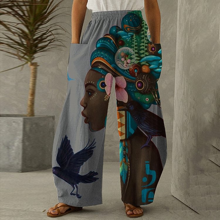 Black Girls Print Loose Pocket Pants