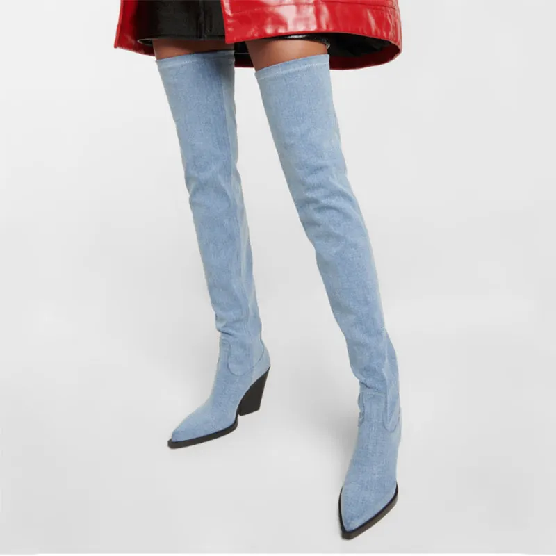 VCSHOES Blue Denim Cowboy Thigh High Boots Pointed Toe Chunky Heels Modern Boots