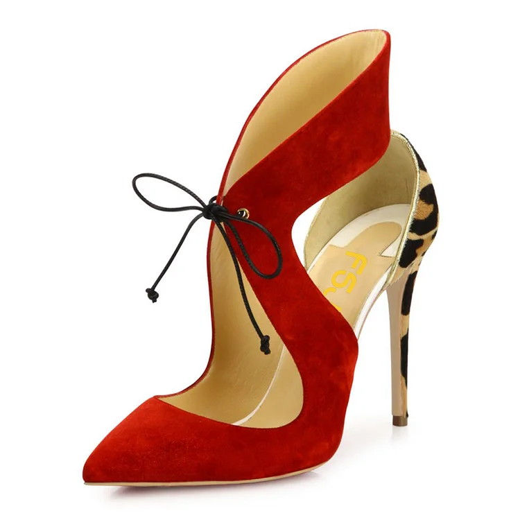 Red Pointed Toe Lace up Pumps Leopard Print Vegan Suede Stiletto Heels |FSJ Shoes