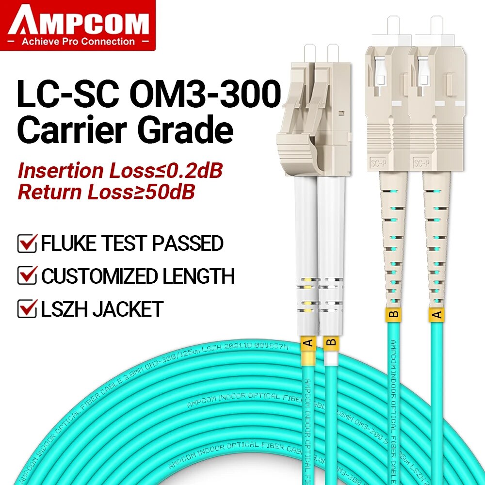 AMPCOM Fiber Optical Patch Cable, OM3 LC to SC UPC Multimode Duplex MMF ...