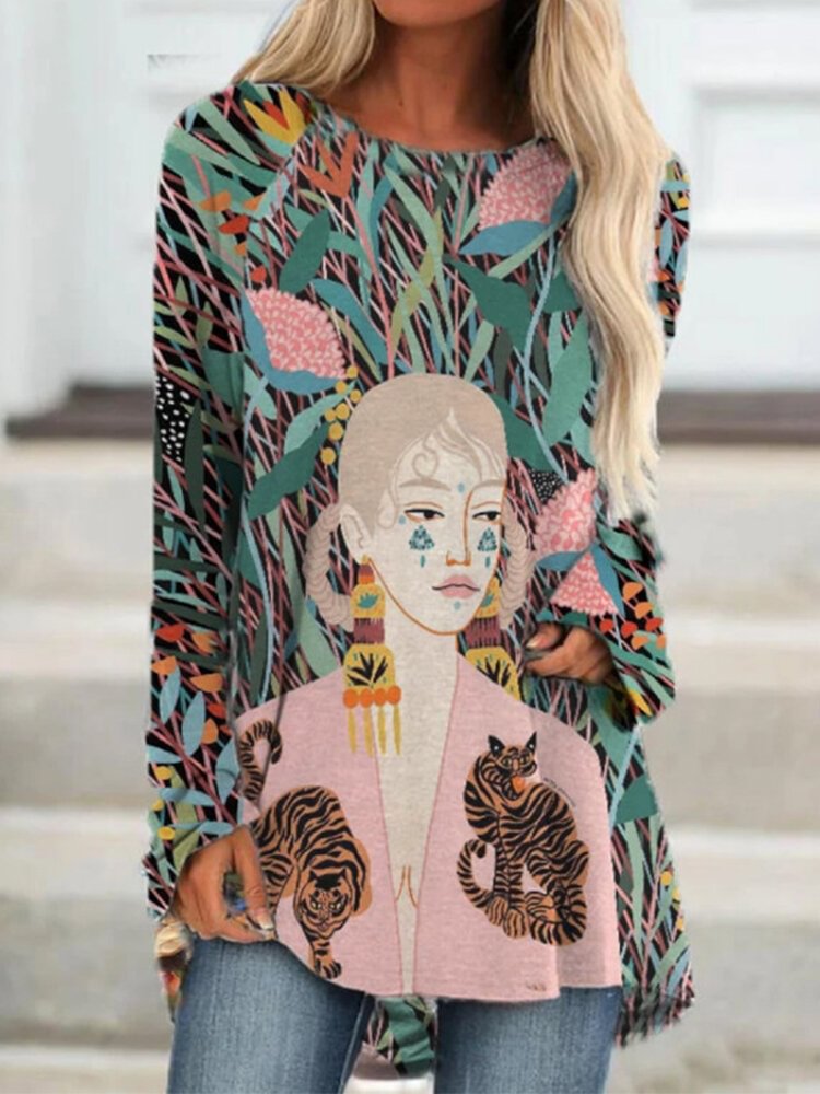 Leaves Cartoon Print Long Sleeve Casual Blouse For Women P1738591