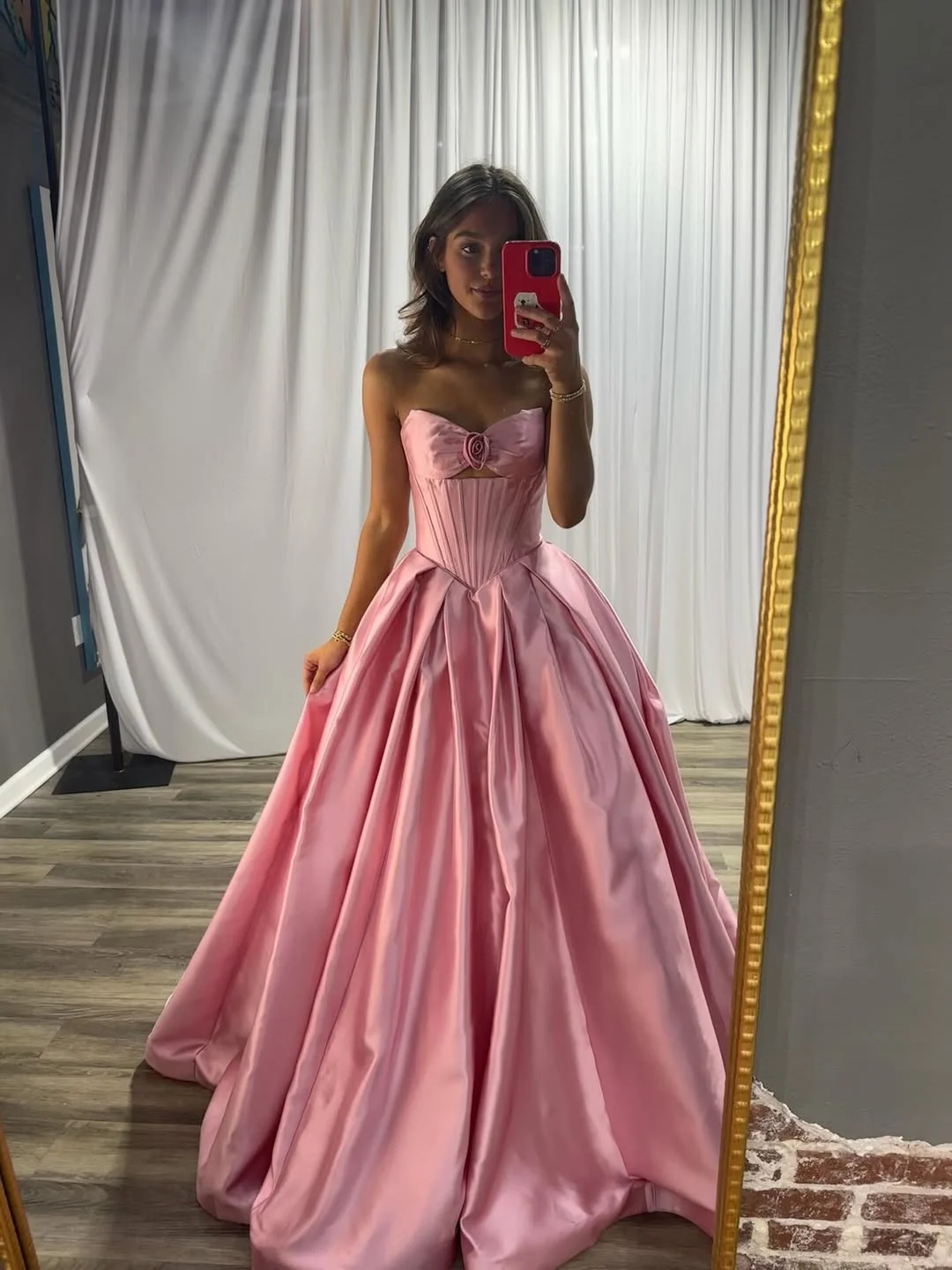 Hot Pink Satin V-Neck Strapless Sleeveless Long A-Line Prom Dress With Pleated And Rose | YK0856 Wellcucu
