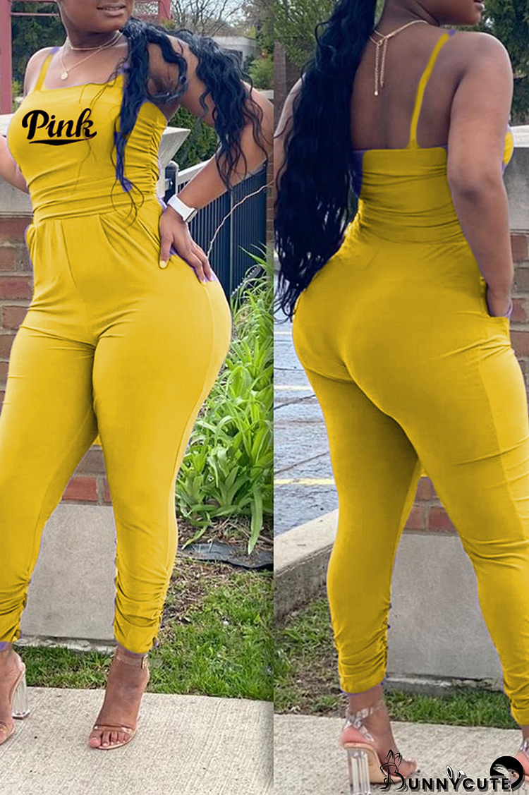 Yellow Fashion Print Patchwork Spaghetti Strap Skinny Jumpsuits