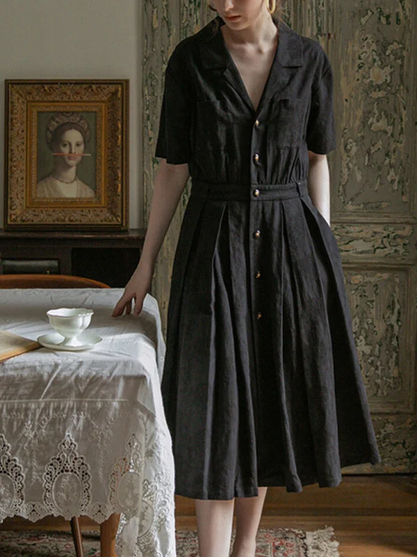 Literary Elegance Style Lapel Heavy Industry Linen Midi Dress
