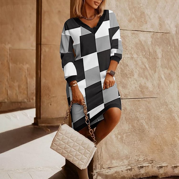 Comstylish Elegant V-Neck Paneled Long Sleeve Dress