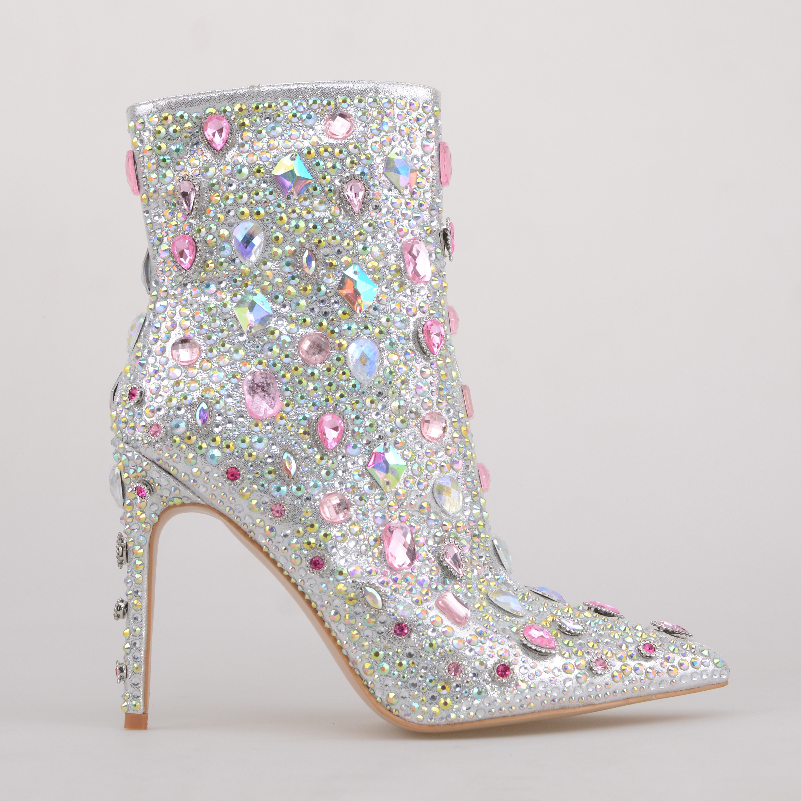 TAAFO Diamond-encrusted Jewelry Stiletto Heel Womens Shoes Rhinestones Rainbow Colors Ankle Boots High Heel B