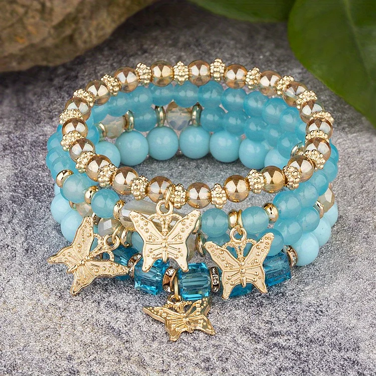 Bohemian Creative Butterfly Pendant Crystal Multilayer Beads Alloy Bracelet For Women Girls Gift