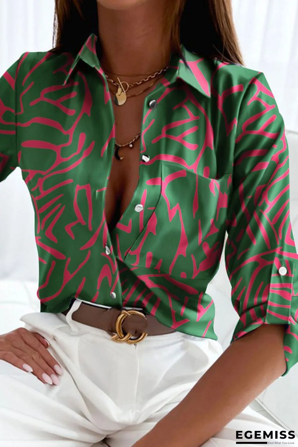 Green Fashion Casual Print Patchwork Buckle Turndown Collar Tops | EGEMISS