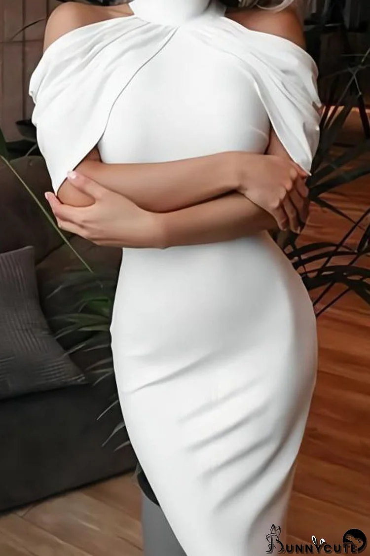 White Elegant Solid Patchwork Asymmetrical Turtleneck Evening Dress Dresses