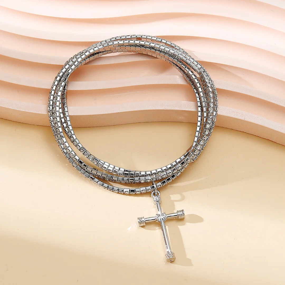 Minimalist Multilayer Rhinestone Chain Cross Bracelet