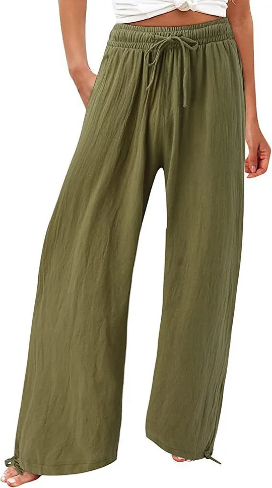 Summer Casual Loose Beach Pants Women's Wide Leg Pure Color Rope Detailing Long Trousers Comfortable Loose Fit Beachwear