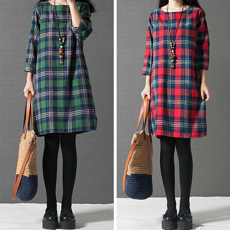 L-3XL Red/Green Loose Retro Grid Long Sleeve Dress SP165611