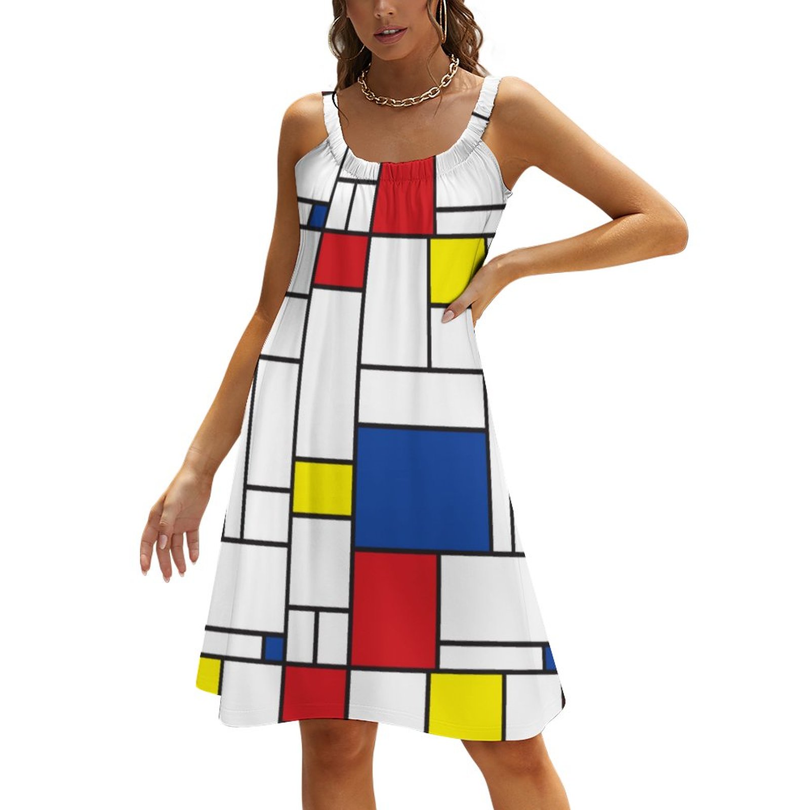 Mondrian Minimalist Geometric de Stijl Modern Art Summer Hawaiian Beach Dresses Casual Sling Sleeveless Printed Knee Length Dress Geometric-L