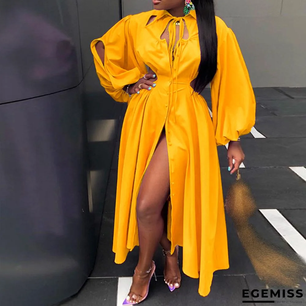 Yellow Casual Elegant Solid Patchwork Buckle Turndown Collar A Line Dresses | EGEMISS