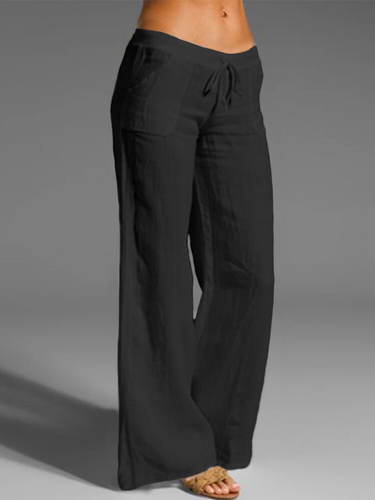 Solid Drawstring Waist Pocket Wide Leg Pants For Women