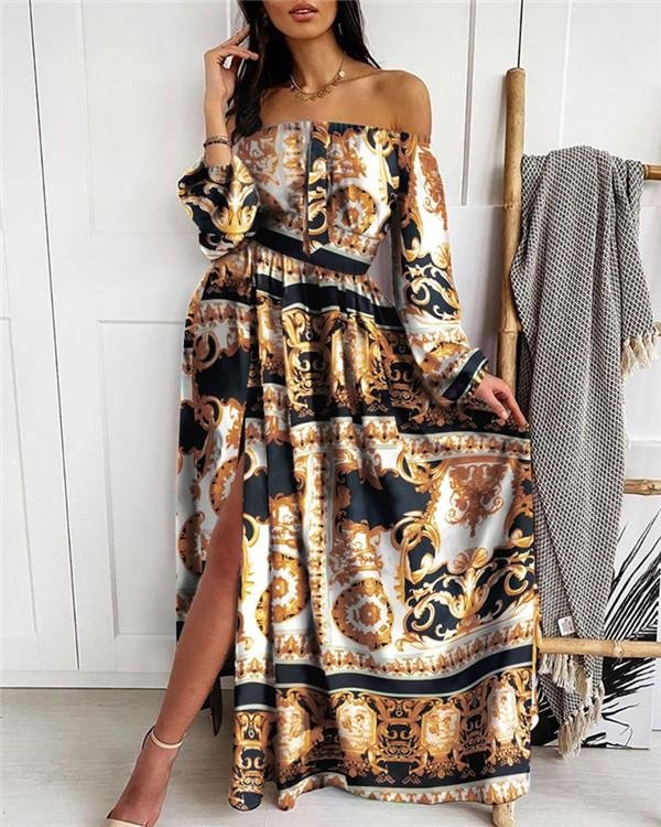 Print Long Sleeves A-line Casual Maxi Dresses - Chicaggo