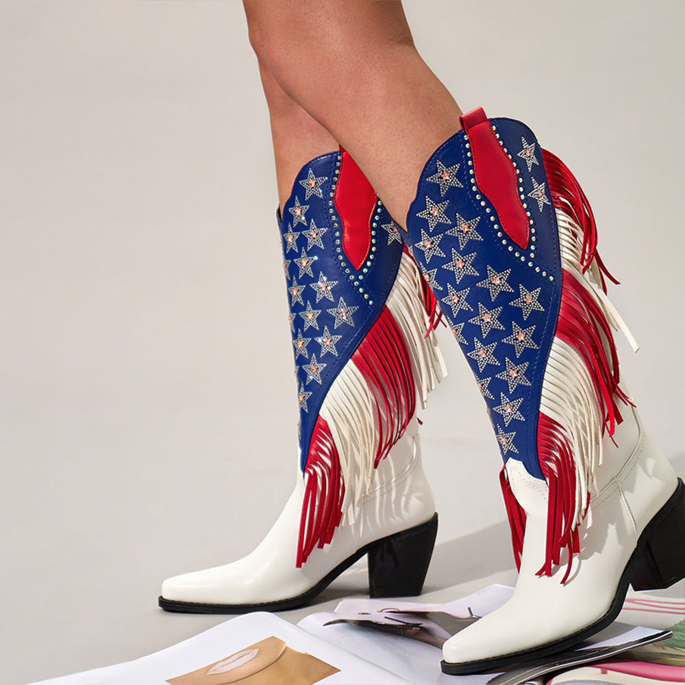 Women's Pointy Toe Star Rhinestone Fringe American Flag