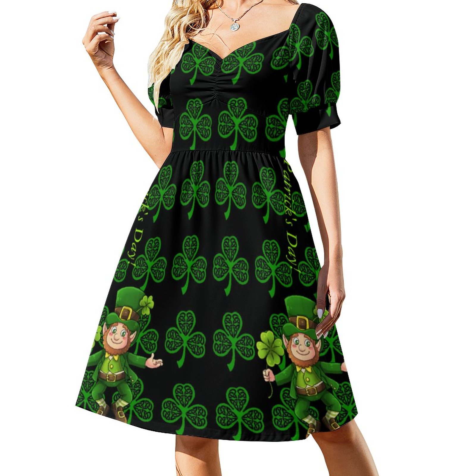 knee length dresses for ladies Lil Cactus Baby Dress Ð Green St. Patrick's Day Shamrock Smocked Bishop Dress main image 1