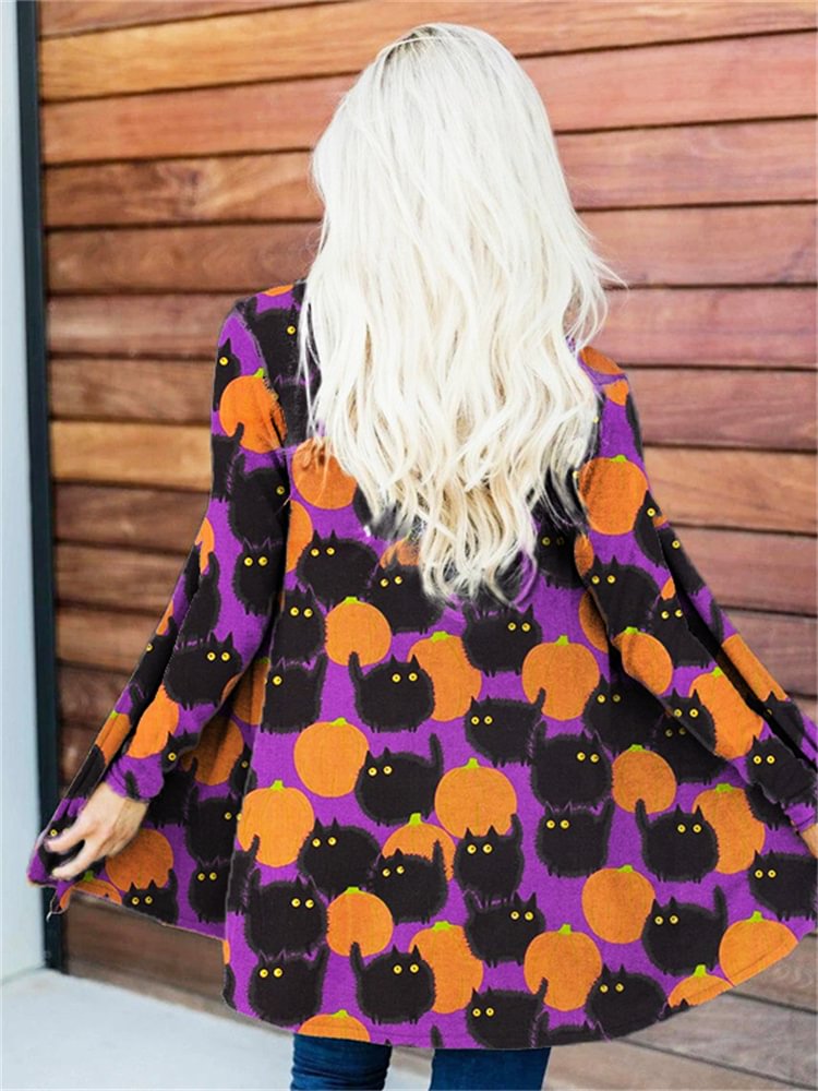 Halloween Kitty & Pumpkins Graphic Cardigan