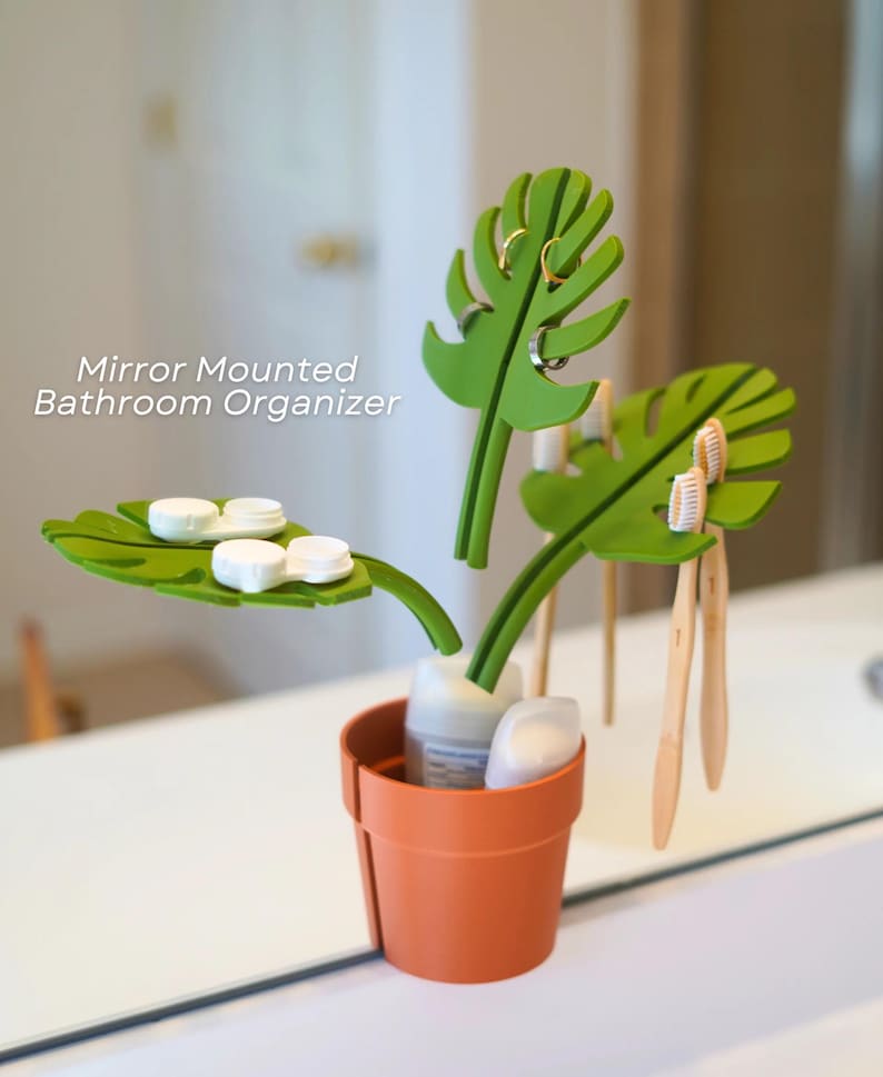 Mirror Monstera Organizer | Bathroom Storage for Small Items | Adhesive  Mounted Monstera Leaf Decor | Cute Space Saver Gift | ForgeCore