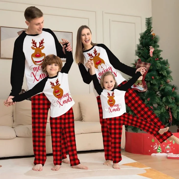 2023 Xmas New Deer Letter Lattice Printing Christmas Family Pajamas Set