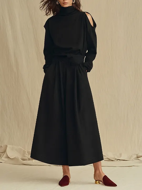 Women's Black Soft Woven Two-Piece Set With Turtleneck Cold Shoulder Long Sleeve Top & Side Pocket Skirt, Minimalist Elegant Smart Casual Matching Outfit MD