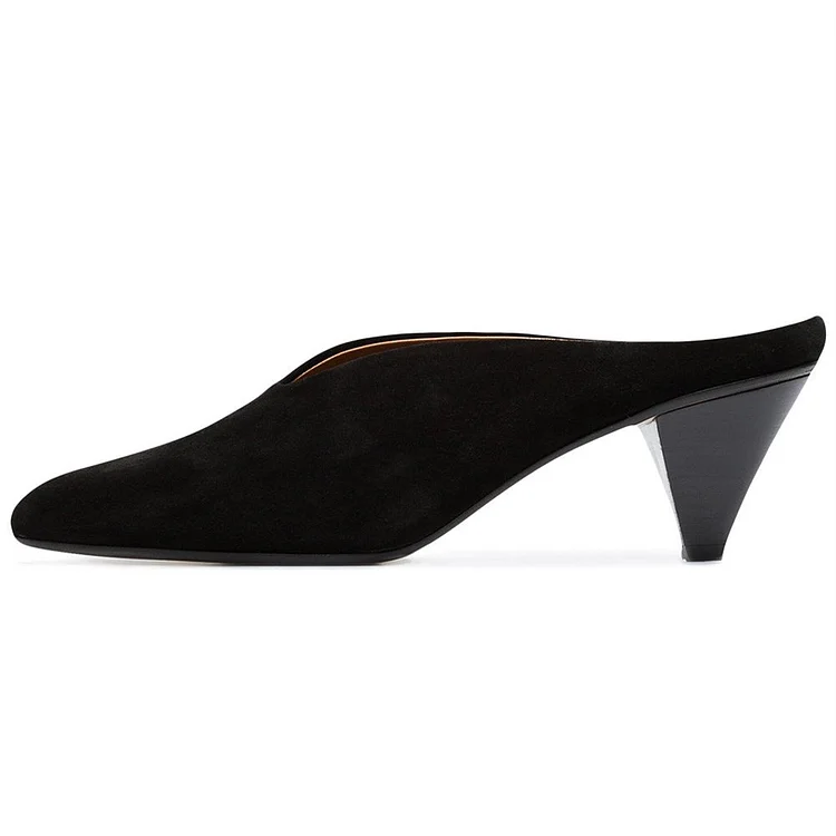 Black Vegan Suede Pointy Toe Cone Heel Mules for Women |FSJ Shoes