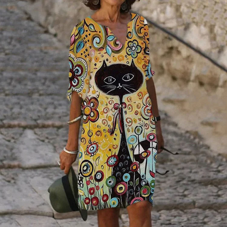 Vefave Cat And Flower Print V-Neck Casual Midi Dress
