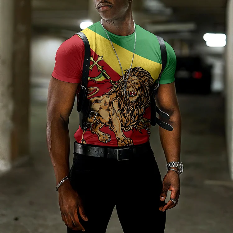 BrosWear Casual Reggae Lion Print Short Sleeve T-Shirt