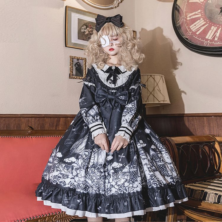 Gothic Lolita Dark Color loli Autumn Winter daily Lolita High Waist Kawaii Girl Cos Long Sleeve Dress Women - BlackFridayBuys