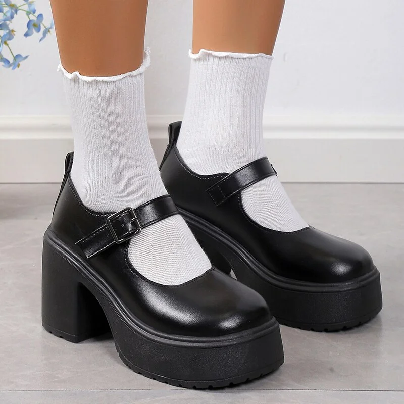 Zhungei Women's Buckle Strap Platform Pumps Round Toe High Heels Mary Jane Shoes for Women 2024 New Elegant Black PU Leather Dress Sho