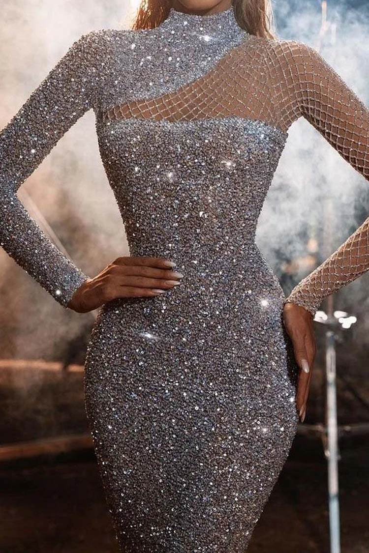 Sexy Solid Sequins Patchwork Half A Turtleneck One Step  Dresses