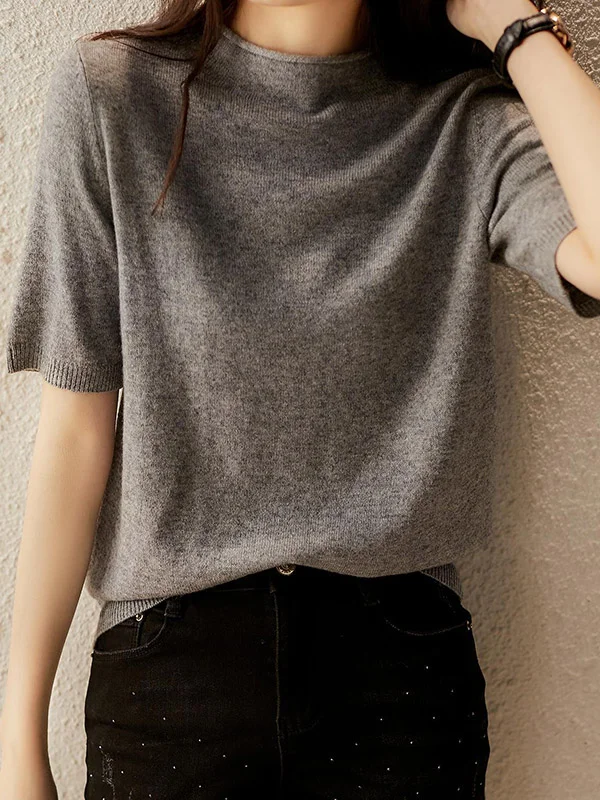 Simple Solid Color Round-Neck Short Sleeves Sweater