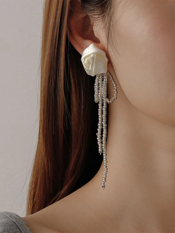 Flower Tassel Bow Rice Bead Earrings