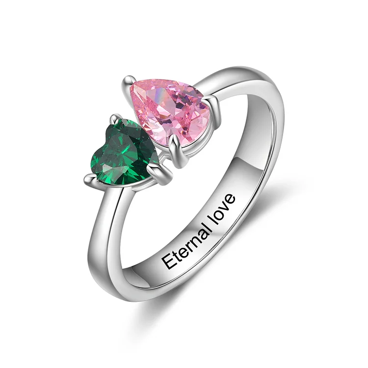 Personalized Heart Birthstone Ring Custom 2 Birthstones Heart and Drop Shape Great Gift For Her