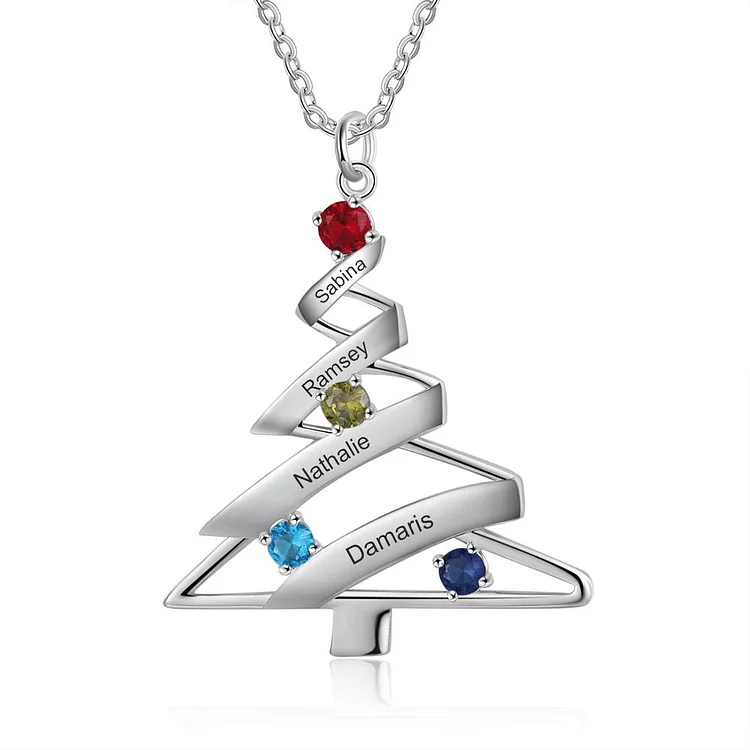 Christmas Custom Necklace Christmas Tree Shape With 4 Birthstones And 4 Names