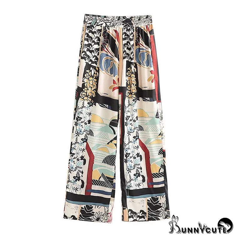 Colorblock Vintage Print Cardigan Kimono Outerwear Wide Leg Pants