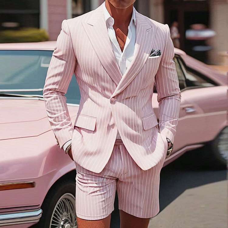 Men's Business Casual One Button Stripe Blazer & Shorts 2 Pcs Set