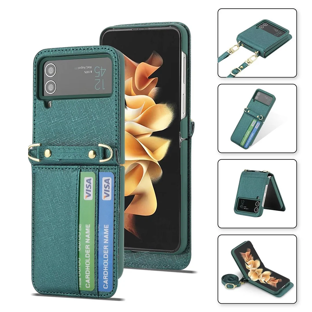 Luxury Crossbody Leather Phone Case With 2 Cards Slot,Hinge And Lanyard For Galaxy Z Flip4