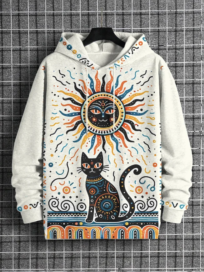 Men's Hippy Sun Cat Art Print Casual Hoodie