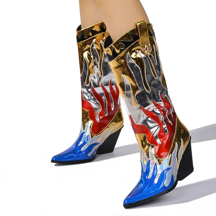 Multicolor Patchwork Mid-Calf Flame Cowgirl Boots with Chunky Heels |FSJ Shoes