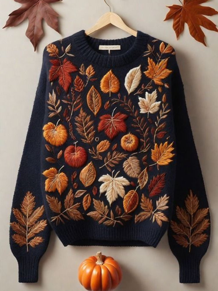 Comstylish Fall Flower Autumn Art Print Knitted Pullover Sweater