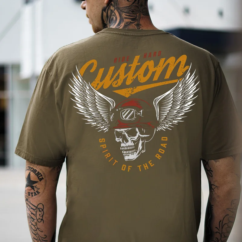 CUSTOM SPIRIT OF THE ROAD Skull with Winged Helmet Black Print T-shirt
