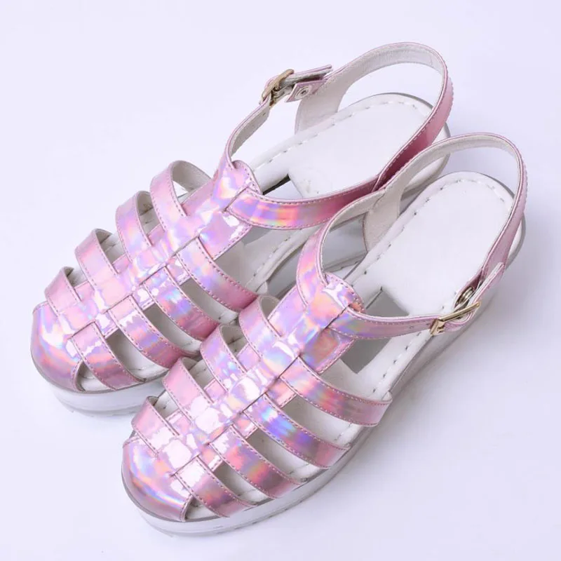 TAAFO Transparent Platform Wedges Sandals Woman Round Toe Silver Pink Leather Strange High Heels Lady Casual Shoes 