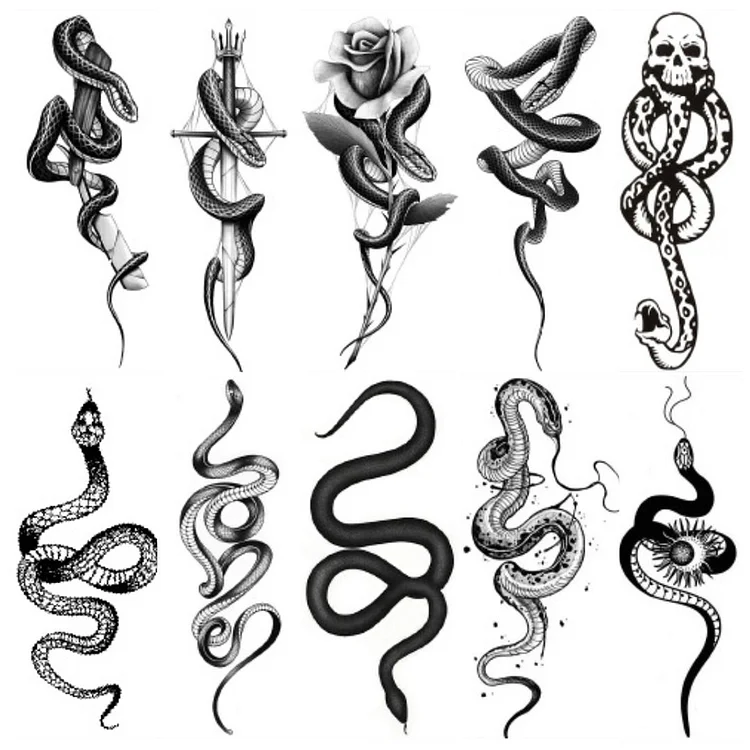 10pcs Tattoo Stickers Waterproof Snake Cool Tattoos for Men Women 68x140mm (B)