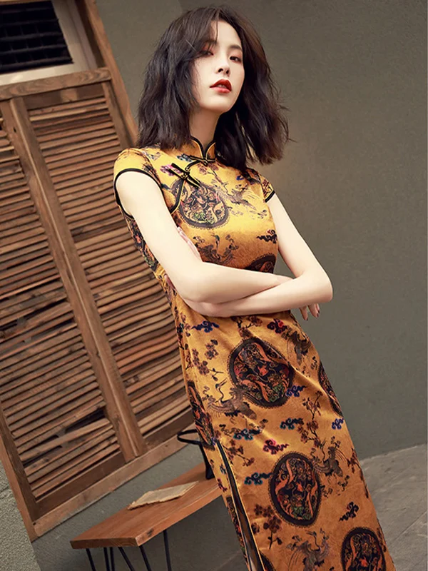 Printed Fashionable Slim Fit Clashing Short Sleeve Cheongsam Midi Dress