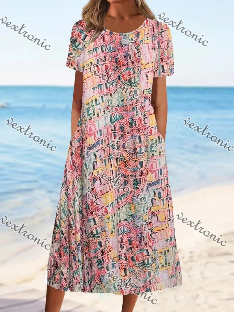 Women's Colorful Scoop Neck Short Sleeve Printed  Midi Dress